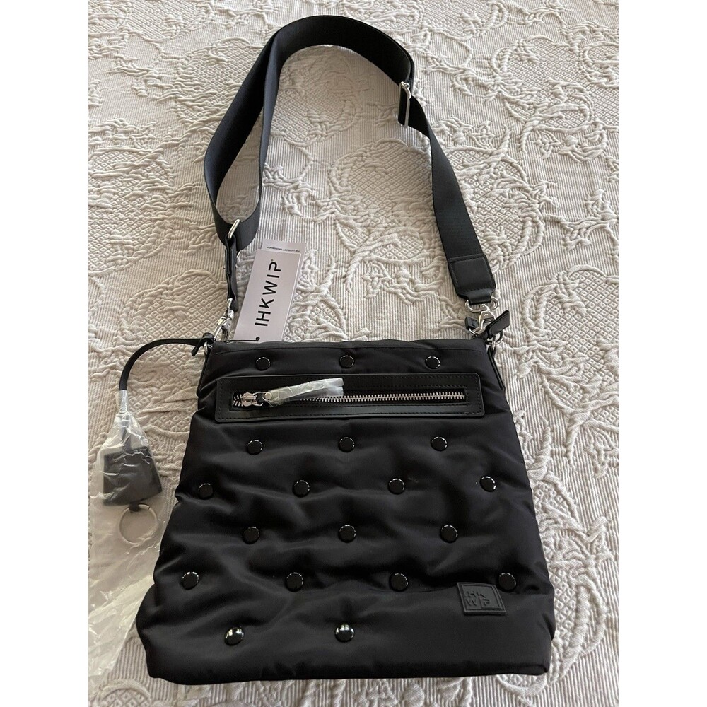 IHKWIP The Luxe Dot Shoulder / Crossbody Bag Black Nylon Adj Strap Keyring NWT